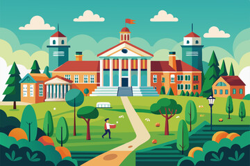Students walk through a lively college campus filled with trees, buildings, and greenery on a sunny day, Customizable flat illustration of a college campus.