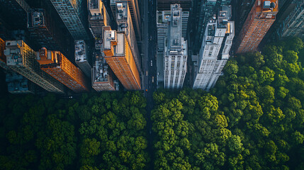 aerial view of lush green trees and skyscrapers in a city  - urban nature contrast