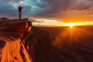 Naklejka premium Photographer Capturing Sunset on Canyon Edge