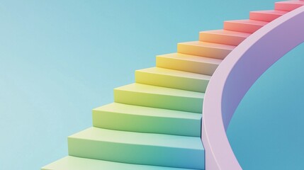 Obraz premium A vibrant spiral staircase featuring multicolored steps against a pastel background, symbolizing creativity and aspiration.
