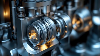 Fototapeta premium Detailed close-up of a mechanical engine component, showcasing precision engineering and intricate design with glowing elements.
