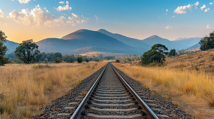 Fototapeta premium Railroad Tracks Leading Through Mountain Valley at Sunset