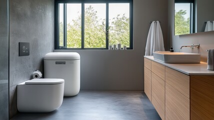 Fototapeta premium Modern bathroom featuring minimalist design, natural light, wooden cabinetry, and sleek fixtures for a tranquil ambiance.