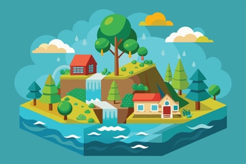 Fototapeta premium A flat illustration showcases a flood affecting a colorful landscape with houses, trees, and waterfalls, Customizable flat illustration of a flood.