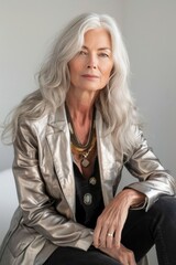 Senior woman in a modern metallic blazer, striking a confident pose in a chic studio
