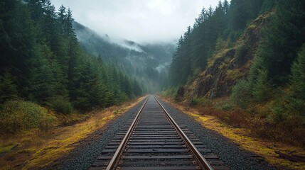 Fototapeta premium Train Tracks Through a Foggy Forest