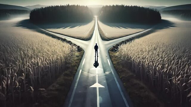 A Person Standing at a Crossroads in a Serene Landscape