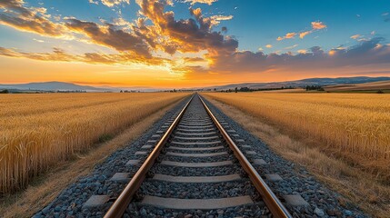 Obraz premium A Single Railroad Track Leading Through Golden Wheat Fields Under a Dramatic Sunset Sky