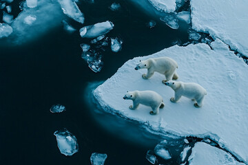 Naklejka premium polar bears on ice floe in arctic waters - aerial view