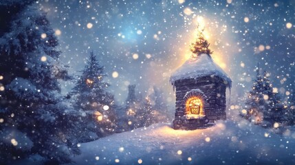 Fototapeta premium A cozy cabin illuminated by warm light amidst a snowy forest, creating a magical winter wonderland scene filled with falling snowflakes.