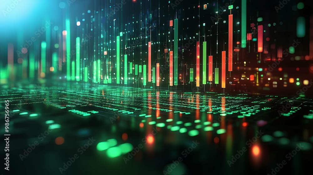 Wall mural abstract digital data visualization with green and red bars