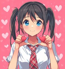An anime-style school girl with pigtails and blue eyes making the heart-shaped gesture, wearing a white shirt and red plaid tie, against a pink background with hearts