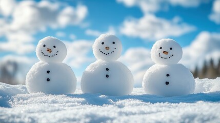 Happy snowman family with a bright blue winter sky