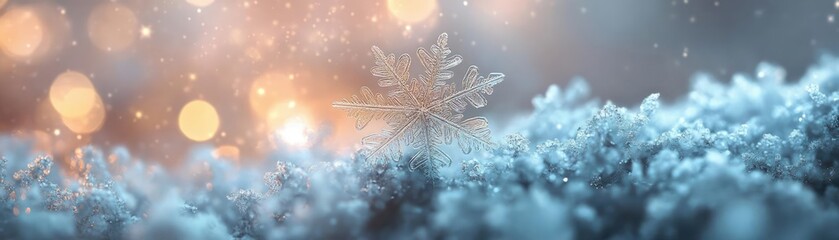 A serene winter scene with sparkling snow, soft bokeh lights, and a tranquil atmosphere, perfect for seasonal themes.