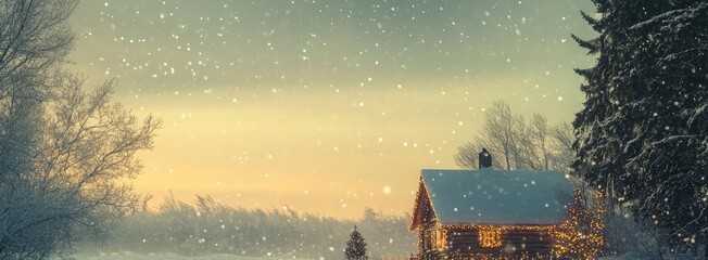 A serene winter scene with a cozy cabin surrounded by snow, capturing the warmth of family moments in a snowy landscape.