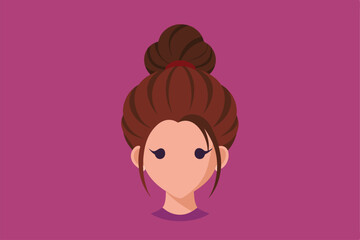 A flat illustration showcases a woman with a stylish messy bun hairstyle against a vibrant purple backdrop, Customizable flat illustration of a messy bun.