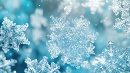 Beautiful close-up of intricate snowflakes drifting through a serene winter background, showcasing nature's delicate artistry.