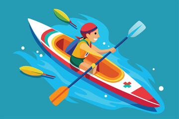 A person paddles energetically in a kayak, surrounded by splashes of water, enjoying an outdoor sporting activity, Customizable flat illustration of a Paralympic canoe.