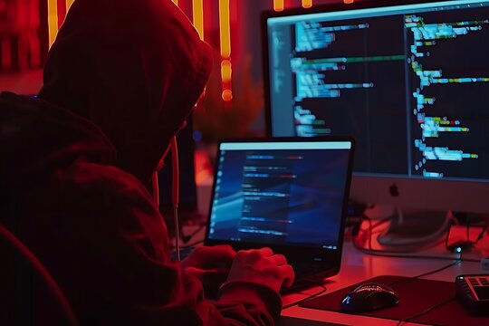Hacker in hood stealing information from computer monitor. Cybercrime concept.