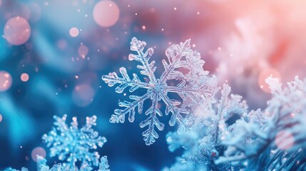 Close-up of a delicate snowflake with shimmering details against a dreamy blue background, capturing winter's enchanting beauty.