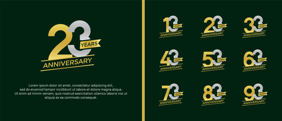 set of anniversary logo flat yellow and silver color on green background for celebration moment