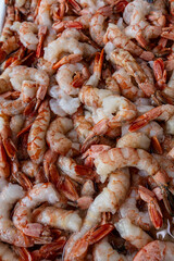 fresh shrimps at the stall of fishmonger. Santos city, Brazil.