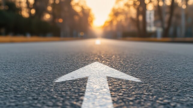A white arrow on a road leading into the distance at sunrise, representing direction and forward movement. 