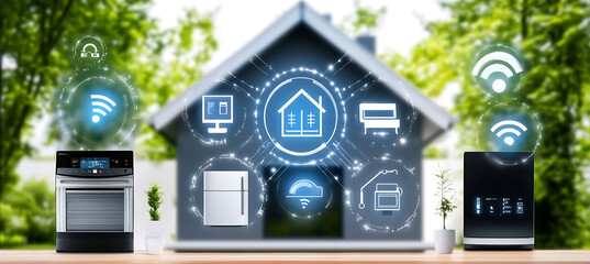 Ethereal concept of AI home appliance automation within home automation where AI schedules and optimizes the operation of appliances for efficiency and maintenance