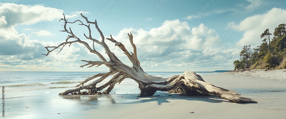 Wall mural Driftwood on a sandy beach with blue sky and white clouds.