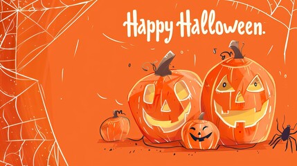 Naklejka premium Happy Halloween Banner with Text and banner decoration with Halloween elements such as pumpkin, bats, spider, spider web, ant, witch and black cat