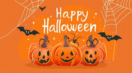 Happy Halloween Banner with Text and banner decoration with Halloween elements such as pumpkin, bats, spider, spider web, ant, witch and black cat