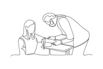Continuous line drawing of doctor measures the blood pressure patient. Vector illustration