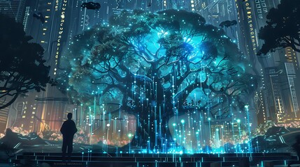 Obraz premium Large tree with glowing blue lights growing in a futuristic city at night, a person is silhouetted against the glowing tree