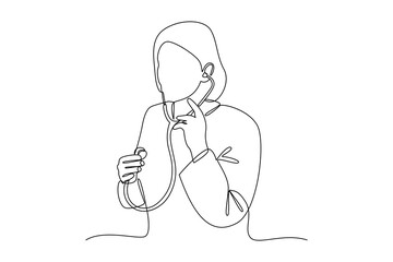 Continuous line drawing of female doctor illustration. Female doctor wearing coat and using stethoscope, minimalist vector illustration