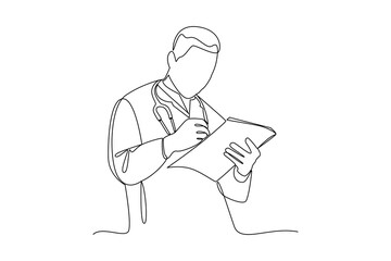 Continuous line drawing of a doctor reading a medical report with a stethoscope around his neck
