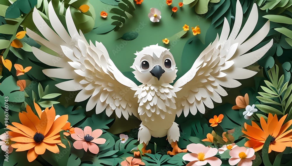 Wall mural adorable baby eagle spreading wings amidst vibrant jungle blossoms in a charming paper cut illustrat