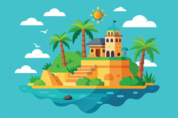Obraz premium Explore a colorful tropical island featuring palm trees, a charming building, and bright blue skies, Customizable flat illustration of a tropical island.