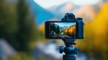 Close-up of a smartphone camera in selective focus, capturing a blurred scenic view in the background.