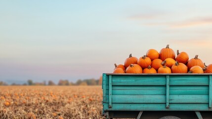 A vibrant truck loaded with fresh pumpkins sits in a serene field, highlighting the beauty of autumnal harvest.