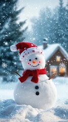 Fototapeta premium Cheerful Snowman With Santa Hat in Front of Cozy Winter Cabin