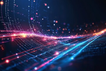 Big data visualization concept with bright glowing lines on abstract technology background
