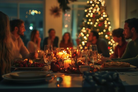 Family Gathering Around a Festive Christmas Dinner Table