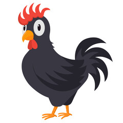 Cute Black Rooster, Vector Illustration, Cartoon Style. Black Chicken Standing, Clip Art.