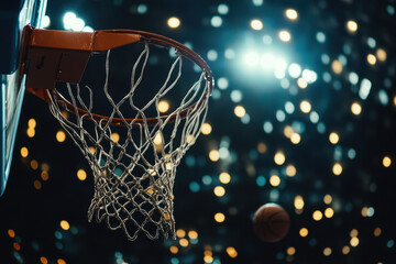 Basketball hoop under stadium lights with ball approaching the net