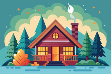 A vibrant illustration depicting a cozy cabin nestled in nature among trees and mountains, Customizable flat illustration of cabin fever