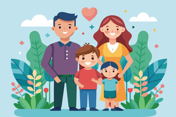 A joyful family stands together, symbolizing love and unity in child adoption amid colorful nature, Customizable flat illustration of child adoption
