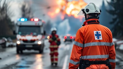 Blurred background scenes depicting  such  fires accidents,emergency rescue and ambulanceurgency to address emergency response and public safety.