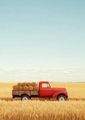 A vintage red truck loaded with hay bales stands amidst a golden wheat field under a clear blue sky, evoking rural charm and agricultural heritage.