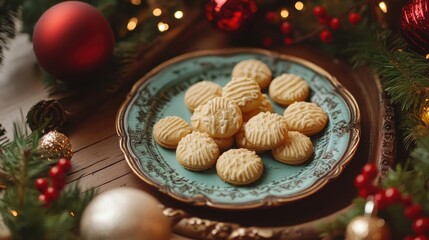A beautiful plate of freshly baked cookies surrounded by festive decorations, perfect for holiday gatherings and celebrations.