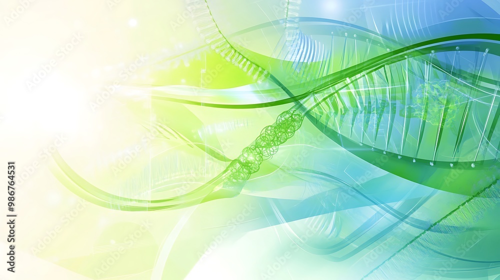 Poster Abstract DNA strands with glowing light in a wave pattern on a light background.